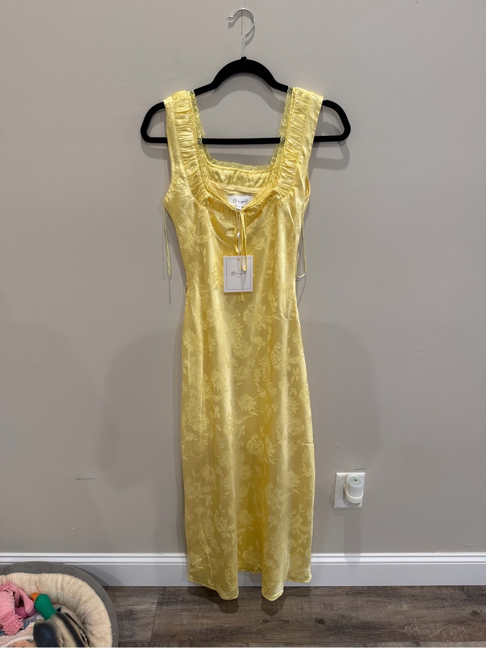 Yellow Satin Floral Slip Dress with Ruched Neckline
